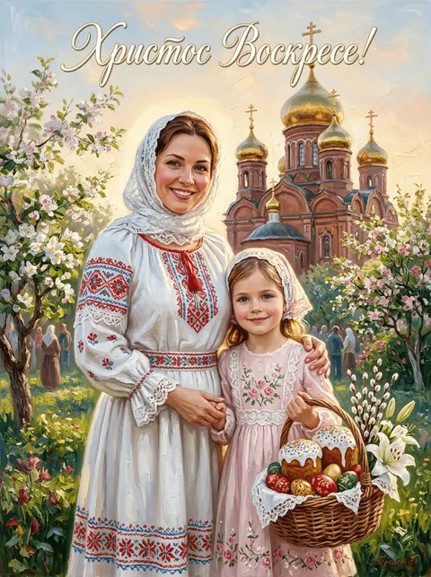 Промт на пасху фотосессия мамы с дочкой у церкви - через ИИ