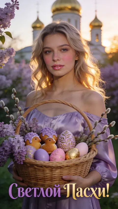 Промт пасхальная фотосессия девушки в лавандовом платье с корзиной куличей и сирени в цветущем саду при закатном солнце