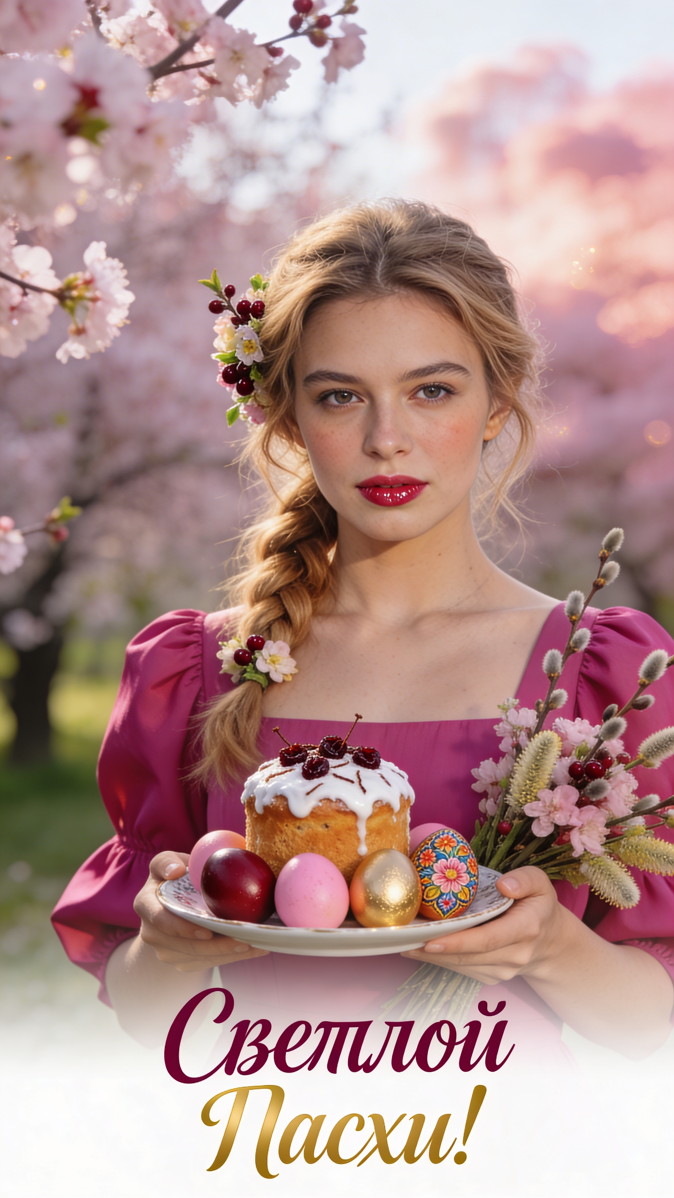 Промт пасхальная фотосессия девушки в платье цвета фуксии с куличом и яйцами во цветущем вишнёвом саду вертикальный кадр 9 на 16