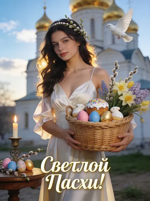Промт пасхальная фотосессия девушки с корзиной куличей и яиц у православного собора в мягкой пастельной гамме с вербой и свечой