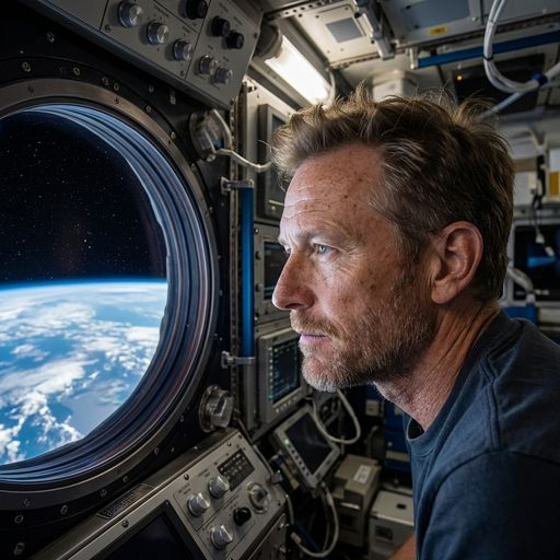 Промт фотосессия космонавта у иллюминатора МКС с Землей с вашим лицом