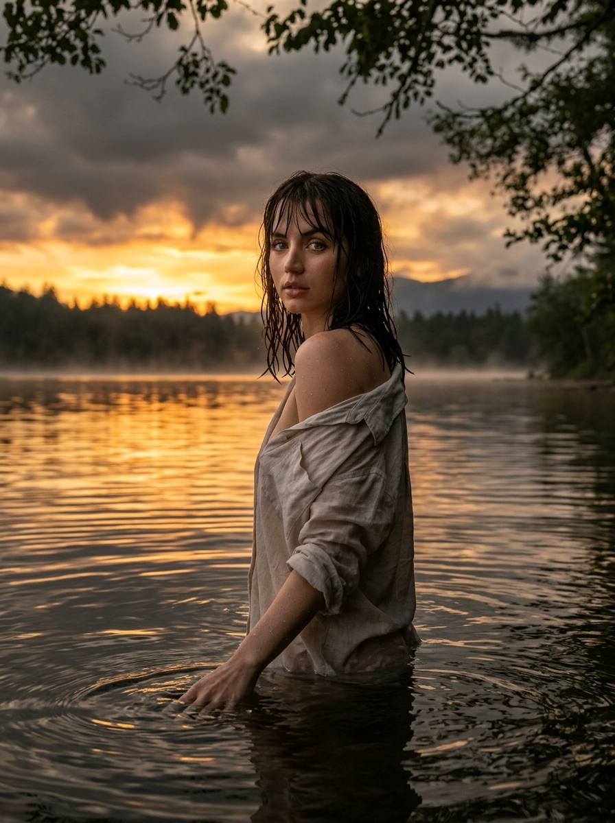 Промт вечерняя кинематографичная фотосессия девушки в воде у берега озера с вашим лицом