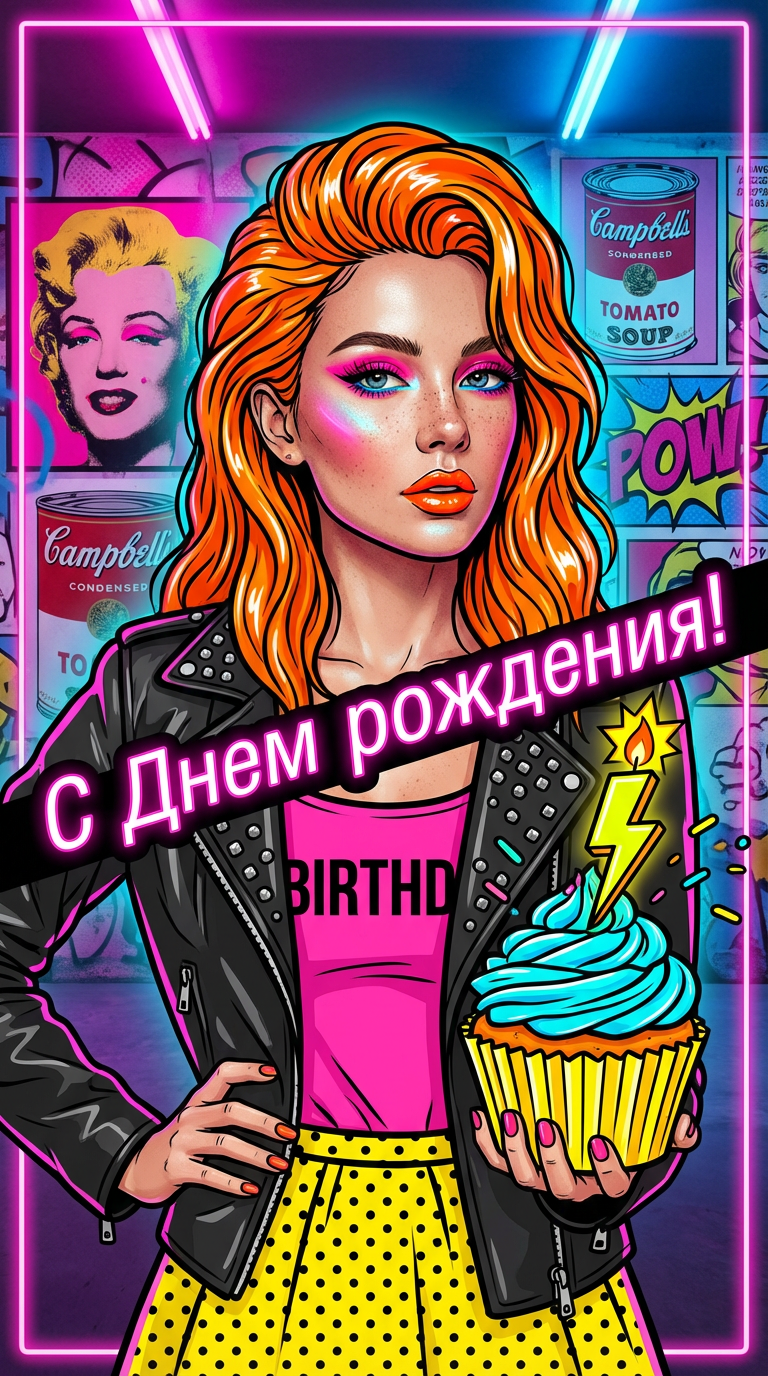 Промт для нейросети: неоновая поп-арт открытка на День рождения с реалистичным лицом девушки и капкейком на фоне граффити