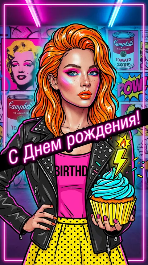 Промт для нейросети: неоновая поп-арт открытка на День рождения с реалистичным лицом девушки и капкейком на фоне граффити