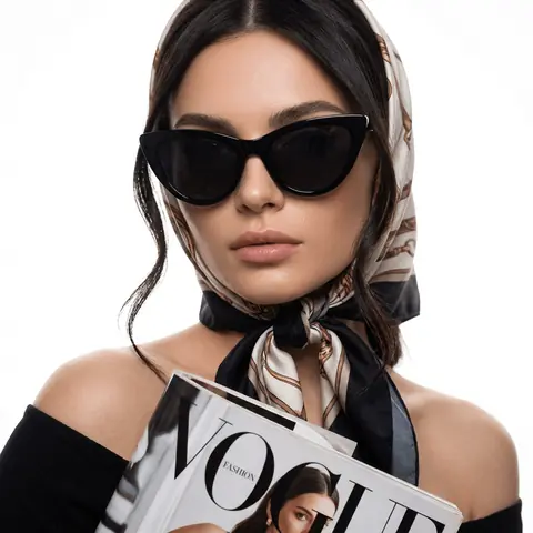 Промт ретро-гламурной fashion-фотосессии женщины в шёлковом платке и чёрных очках на светлом фоне