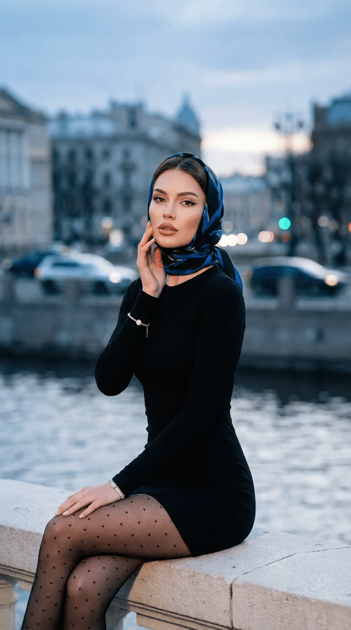 Промт вечерней street-fashion фотосессии женщины в чёрном мини-платье на набережной у воды