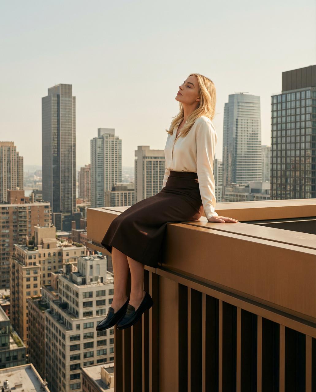 Промт люксовая rooftop фотосессия девушки на краю высокого здания над городом в кинематографичном стиле