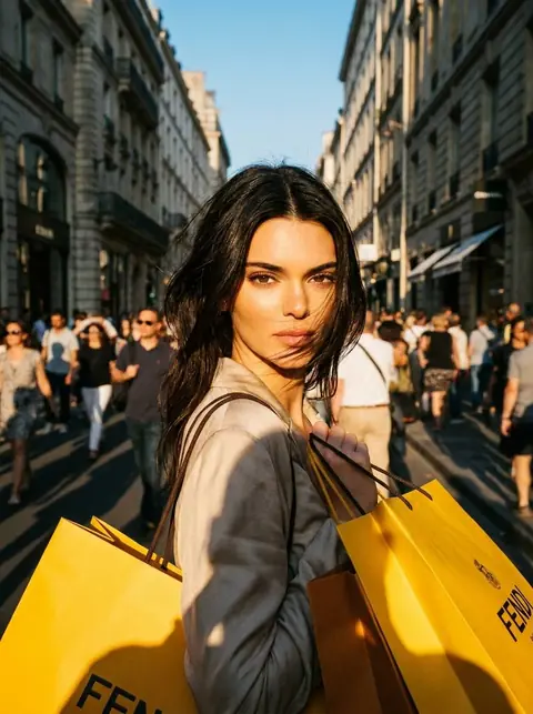 Уличная фотосессия девушки с жёлтыми пакетами на закатной улице промт